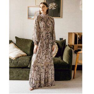 Miss June Paris Adele Maxi Dress Womens OS S M L Pink Tan Long Sleeve Floral